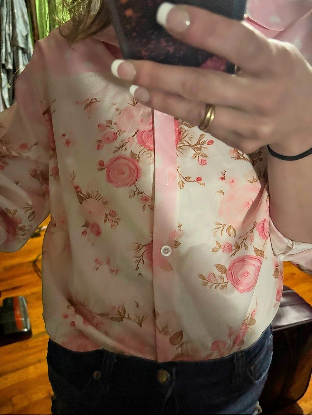 Floral Button Down Blouse in Pink & White Size Medium